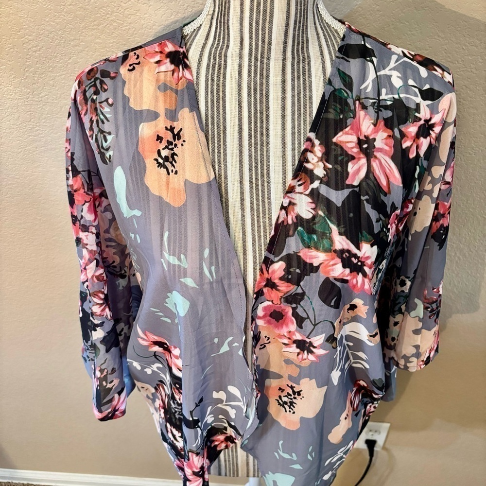 Open Cardigan Blouse Large Grey Floral Pink Gold Peach Sheer Mandarin - Picture 2 of 14